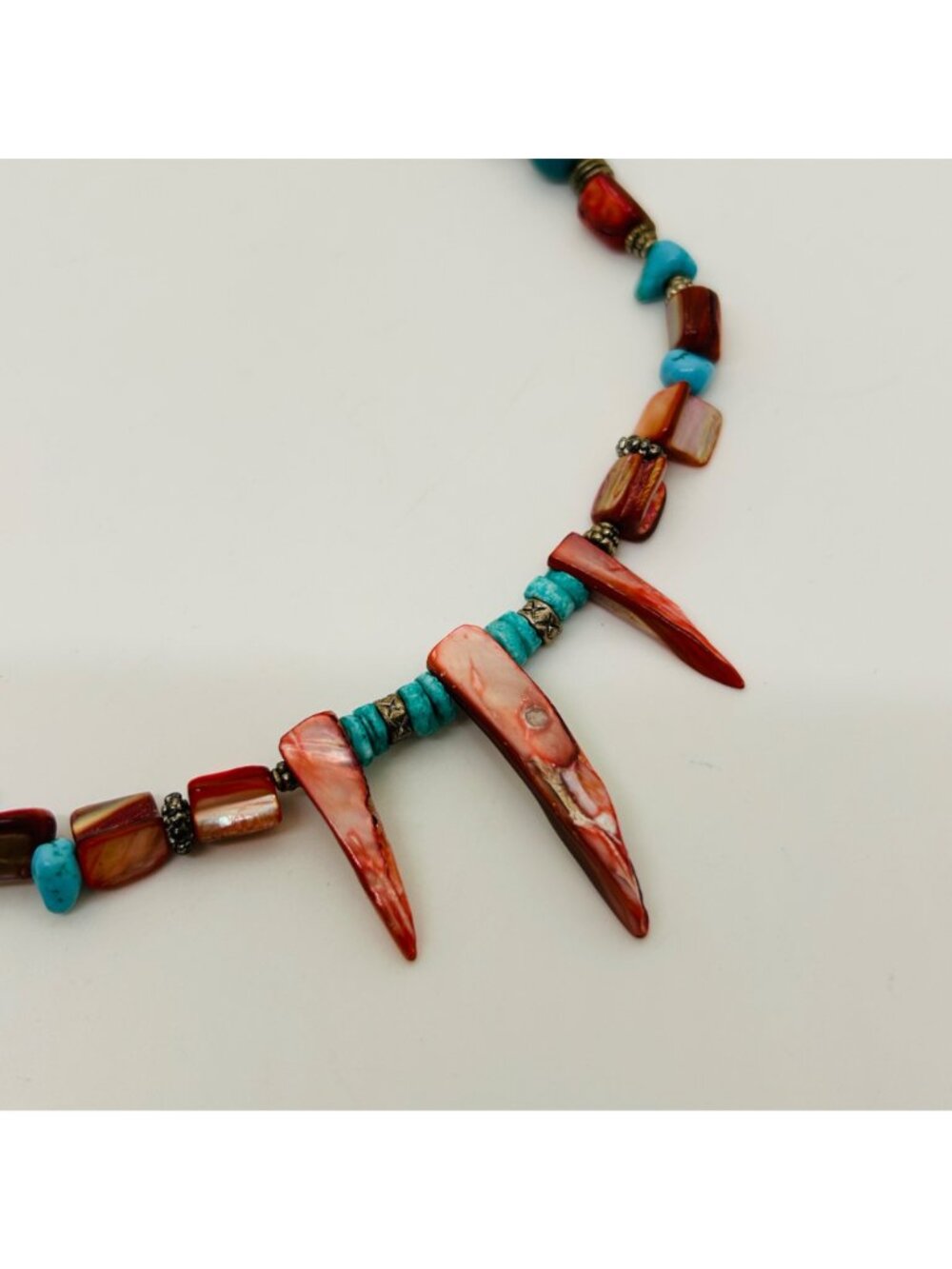 Southwestern Red Spiny Oyster & Turquoise Color Stone Shell Spike Toggle Vintage - Picture 6 of 12
